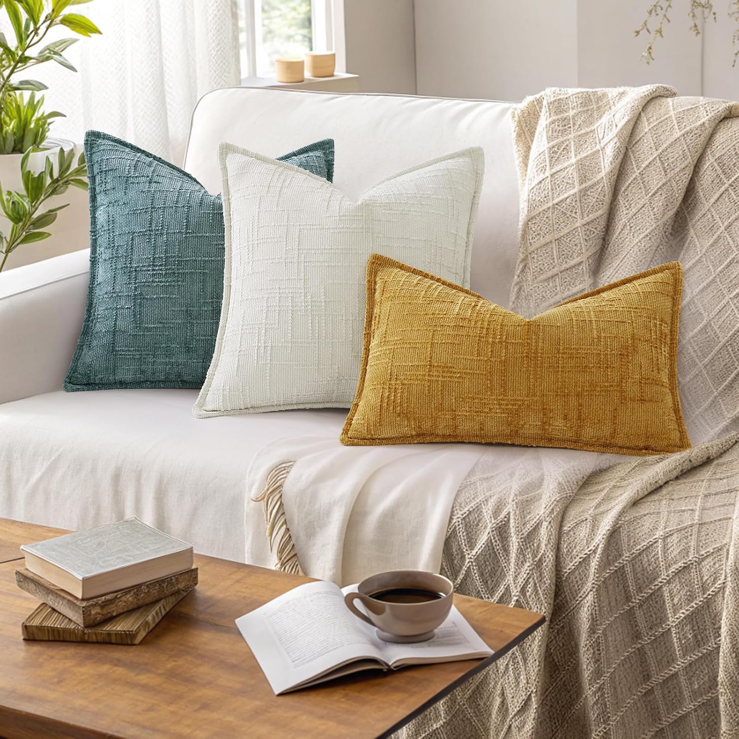 decorUhome Chenille Throw Pillow Covers 18x18 Set of 2, Soft Textured Slubby Modern Decorative Pillow Covers with Elegant Design for Couch,…