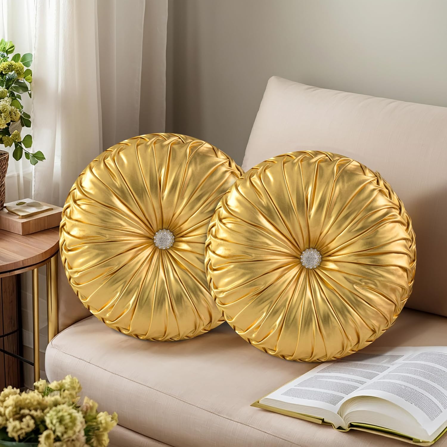 HIG Set of 2 Handcrafted Gold Ruched Round Throw Pillows – 14.5’’ Metallic Leather Decorative Pillows with Soft Polyester Filling for…
