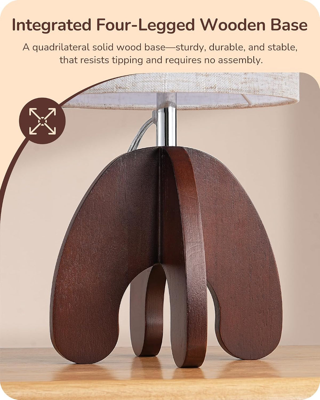 EDISHINE 14.17" Small Table Lamp, Integrated Four-Legged Wooden Bedside Lamp Base, Beige Linen Lampshade, E26, Modern Nightstand Lamp for…
