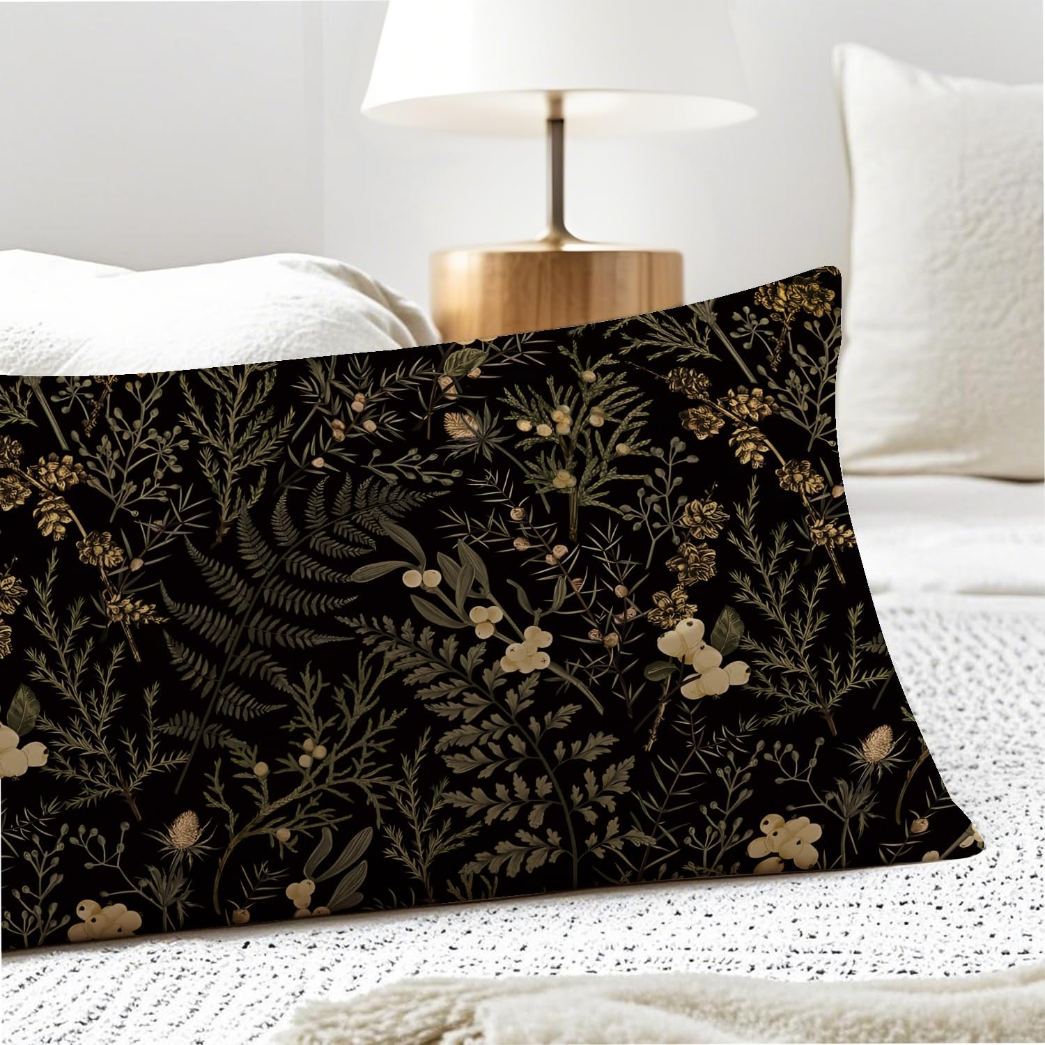 Moody Floral Botanical 20x54 Body Pillow Cover, Dark Aesthetic Room Decor, Rustic Dark Cottagecore Gold Plants Flower Botanical…