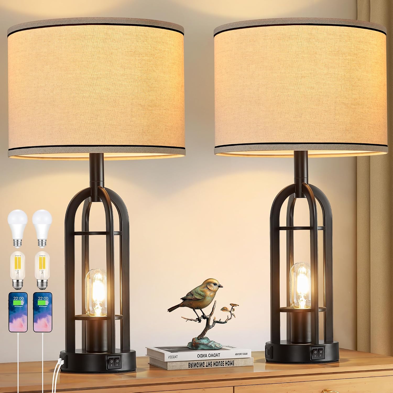 SRJJA Black Table Lamps for Living Room Set of 2 - Farmhouse Industrial Lamps for Night Stands with Night Light & USB A+C, 24" Rustic…