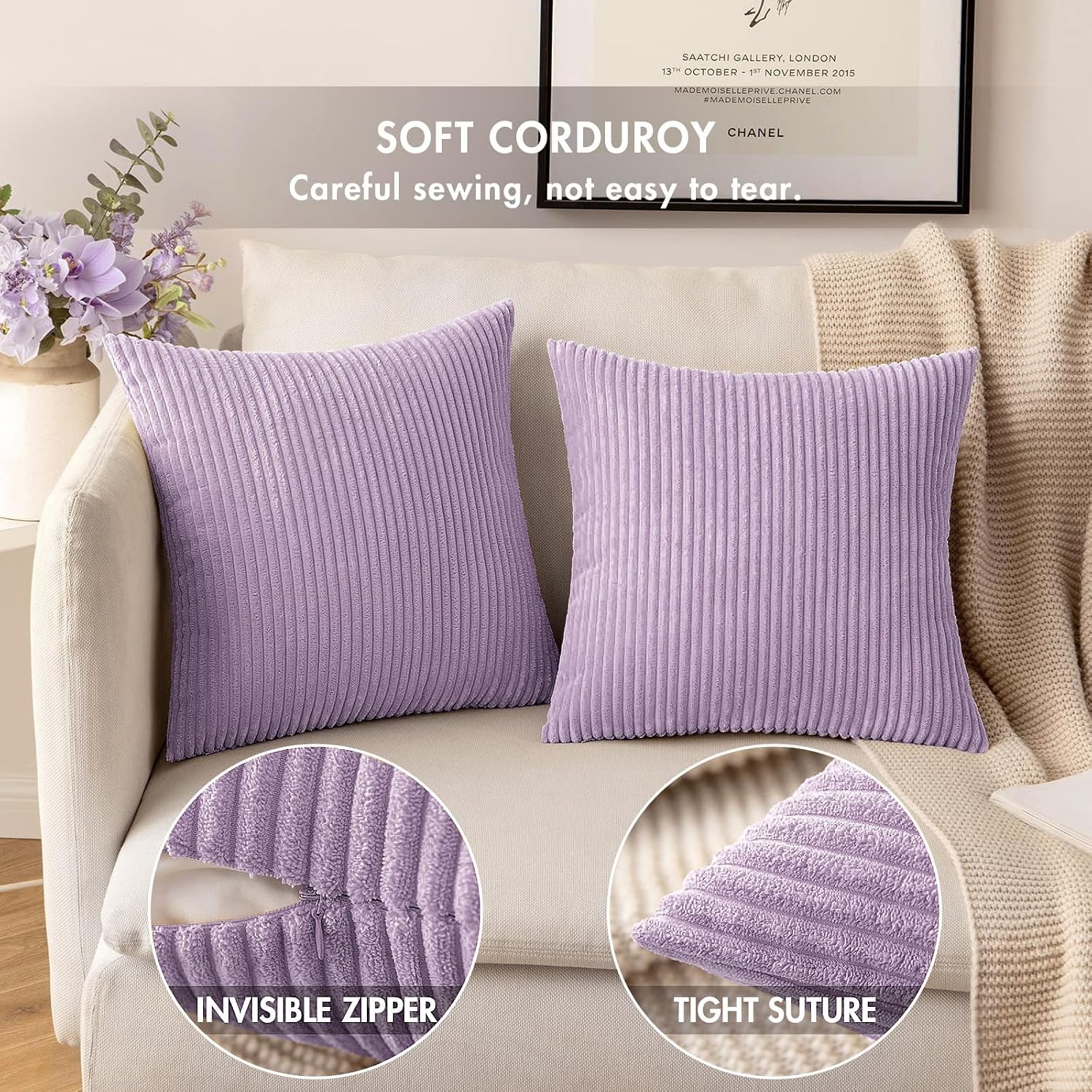 Miulee Pack of 2 Corduroy Pillow Covers Soft Solid Cushion Cases Decorative Boho Square Throw Pillow Covers Lavender Neutral Pillowcases fo…