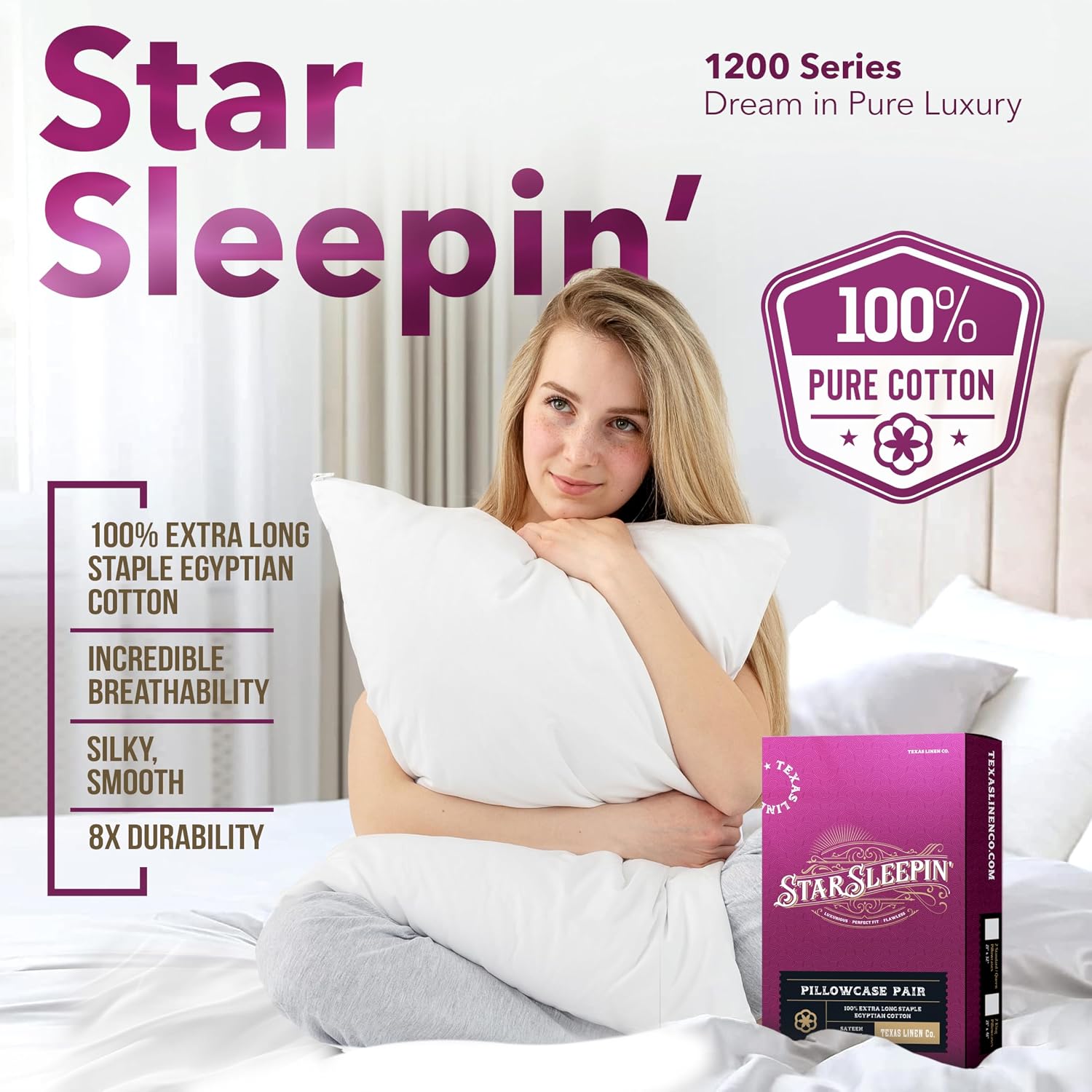 TEXAS LINEN CO. 100% Egyptian Cotton Pillow Cases King Size Set of 2 - Luxury 1200 Series Star Sleepin' Damask Sateen Pillow Covers…