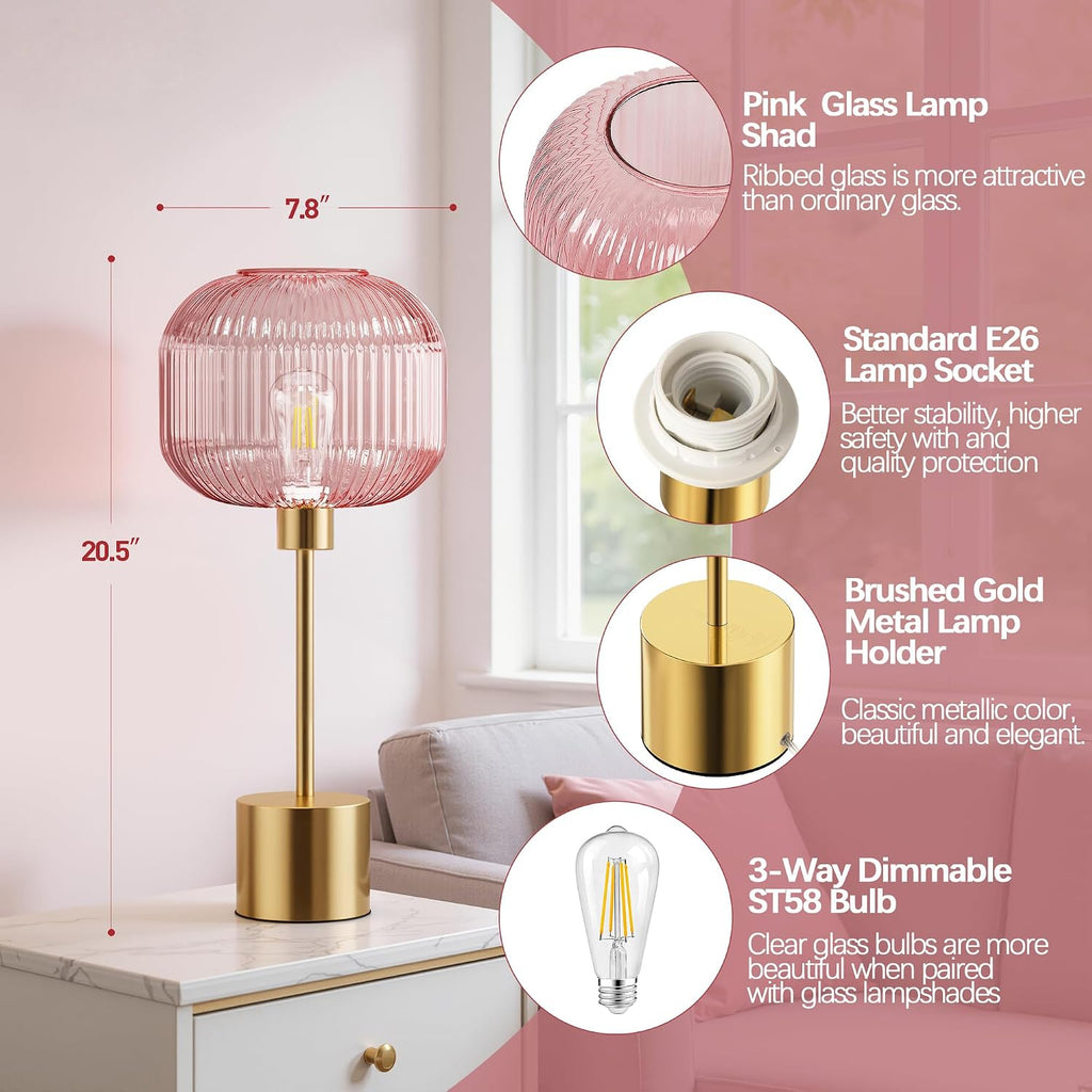 QiMH Glass Table Lamp for Living Room, Modern Bedside Lamp with Pink Ribbed Glass Shade, 3-Way Dimmable Touch Control Nightstand Lamp for…