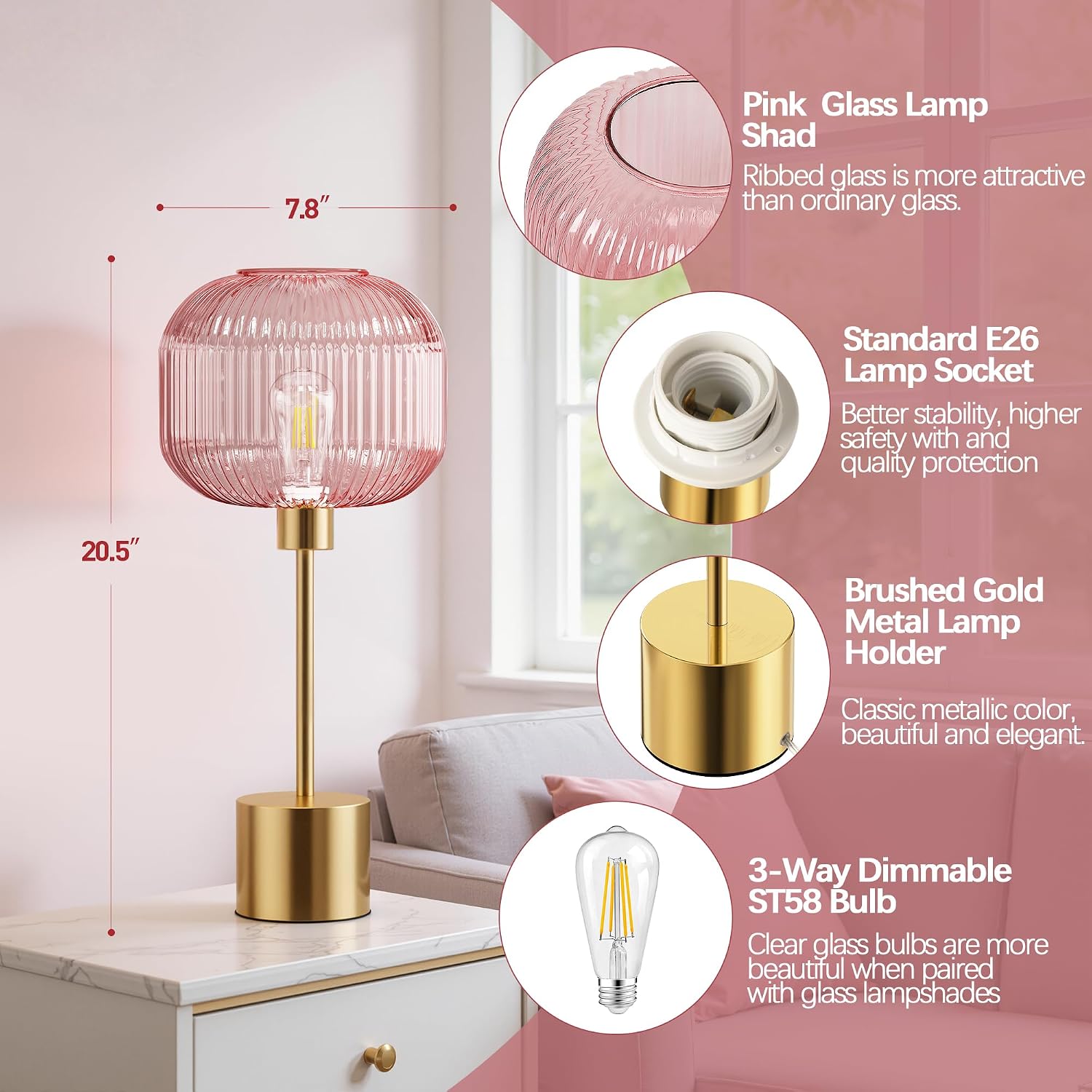 QiMH Glass Table Lamp for Living Room, Modern Bedside Lamp with Pink Ribbed Glass Shade, 3-Way Dimmable Touch Control Nightstand Lamp for…