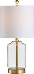 JONATHAN Y 19.5" Brass Gold and Clear Glass Table Lamp, Glam Transitional Bedside Lamp for Living Room Nightstand, White Linen Drum…