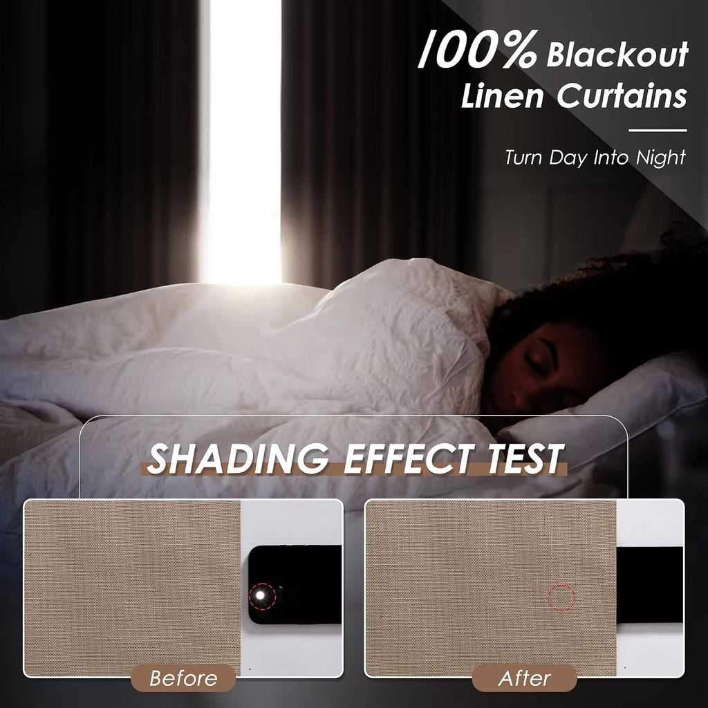 Nanspring Tan 100% Blackout Linen Curtains for Bedroom 120 Inches Long Back Tab Thermal Insulated Farmhouse Boho Decor Black Out Curtain fo…