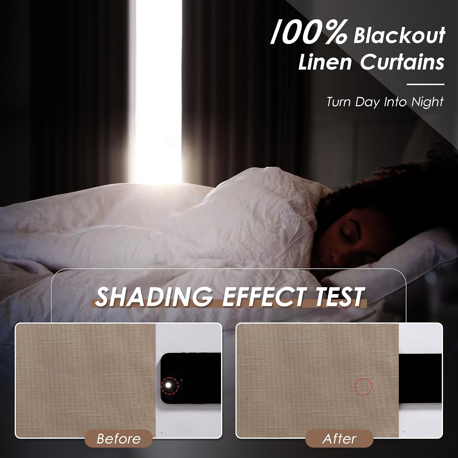 Nanspring Tan 100% Blackout Linen Curtains for Bedroom 120 Inches Long Back Tab Thermal Insulated Farmhouse Boho Decor Black Out Curtain fo…