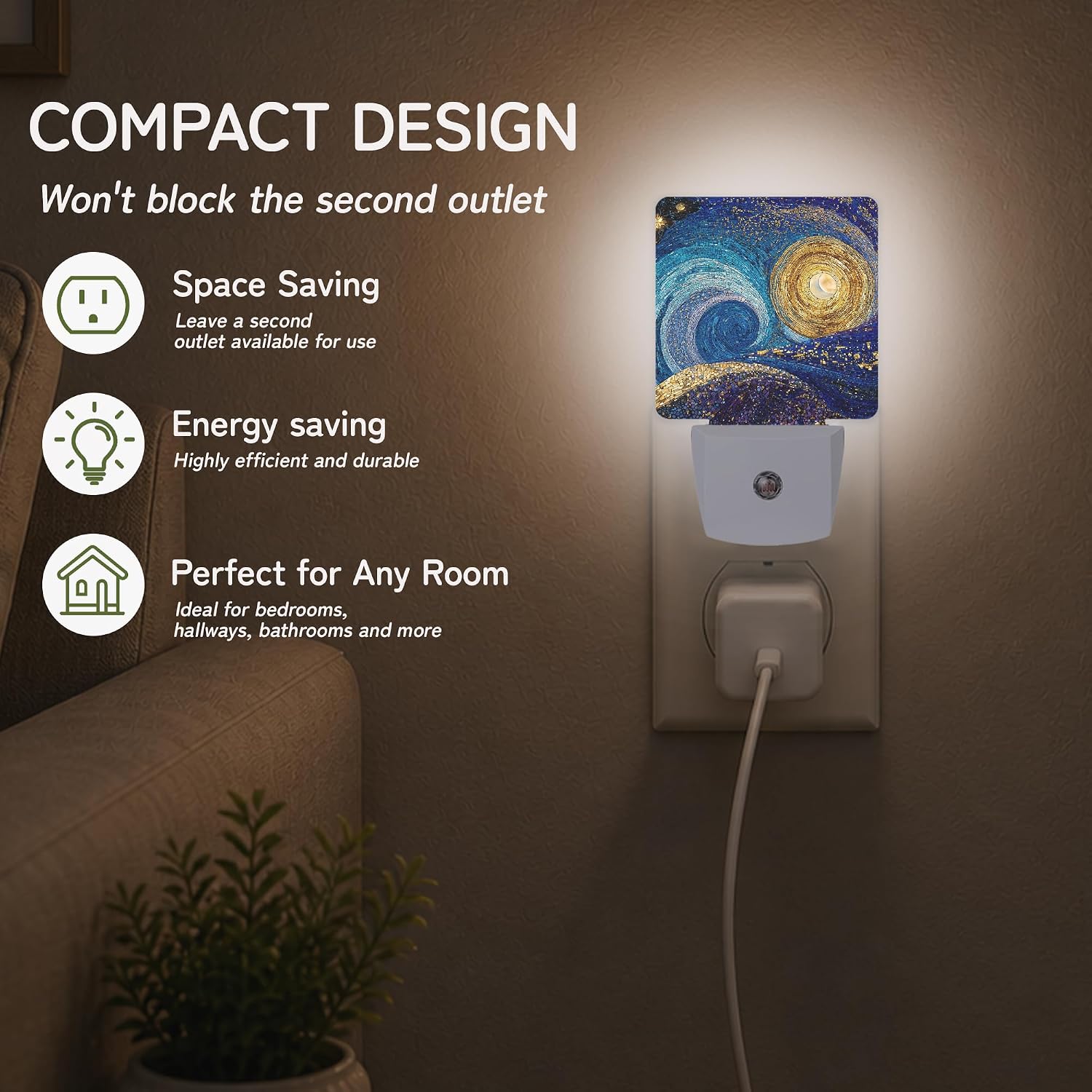Blue Gold Abstract Swirl Night Light, Night Lights Plug into Wall with Dusk to Dawn Sensor for Bedroom Bathroom Hallway Kitchen…