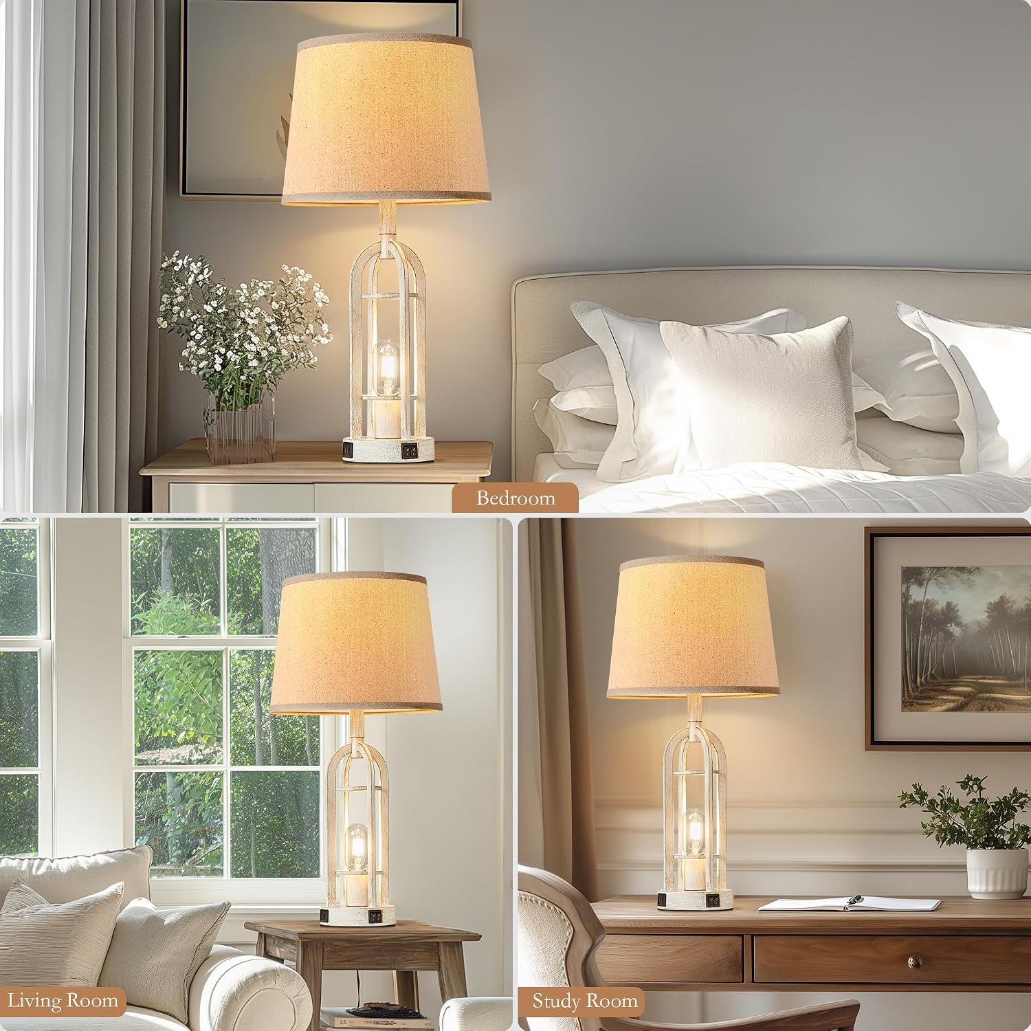 SRJJA Farmhouse Table Lamps for Living Room Set of 2 - Rustic Industrial Bedside Lamps for Bedroom Nightstand with Nightlight and USB…