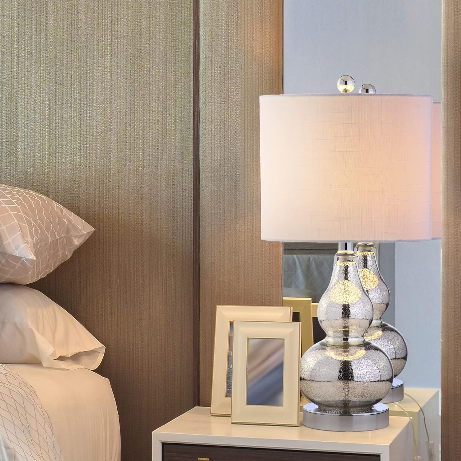 JONATHAN Y 20.5" Mercury Silver Glass Table Lamp, Modern Gourd Bedside Nightstand Lamp for Bedroom, Living Room, White Linen Shade, LED…