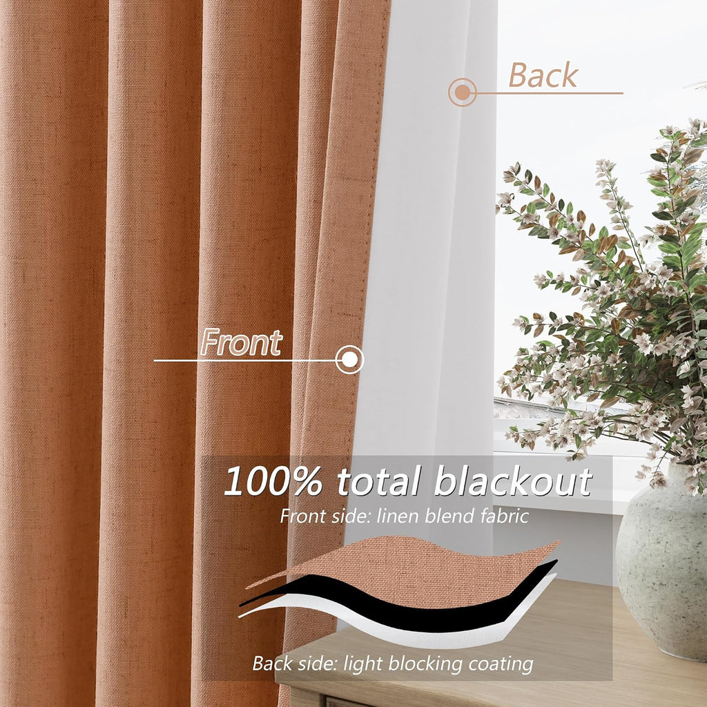 Guken 100% Blackout Curtains 96 Inch Length 2 Panels Set for Living Room Bedroom Back Tab Thermal Insulated Black Out Linen Drapes Room Dar…