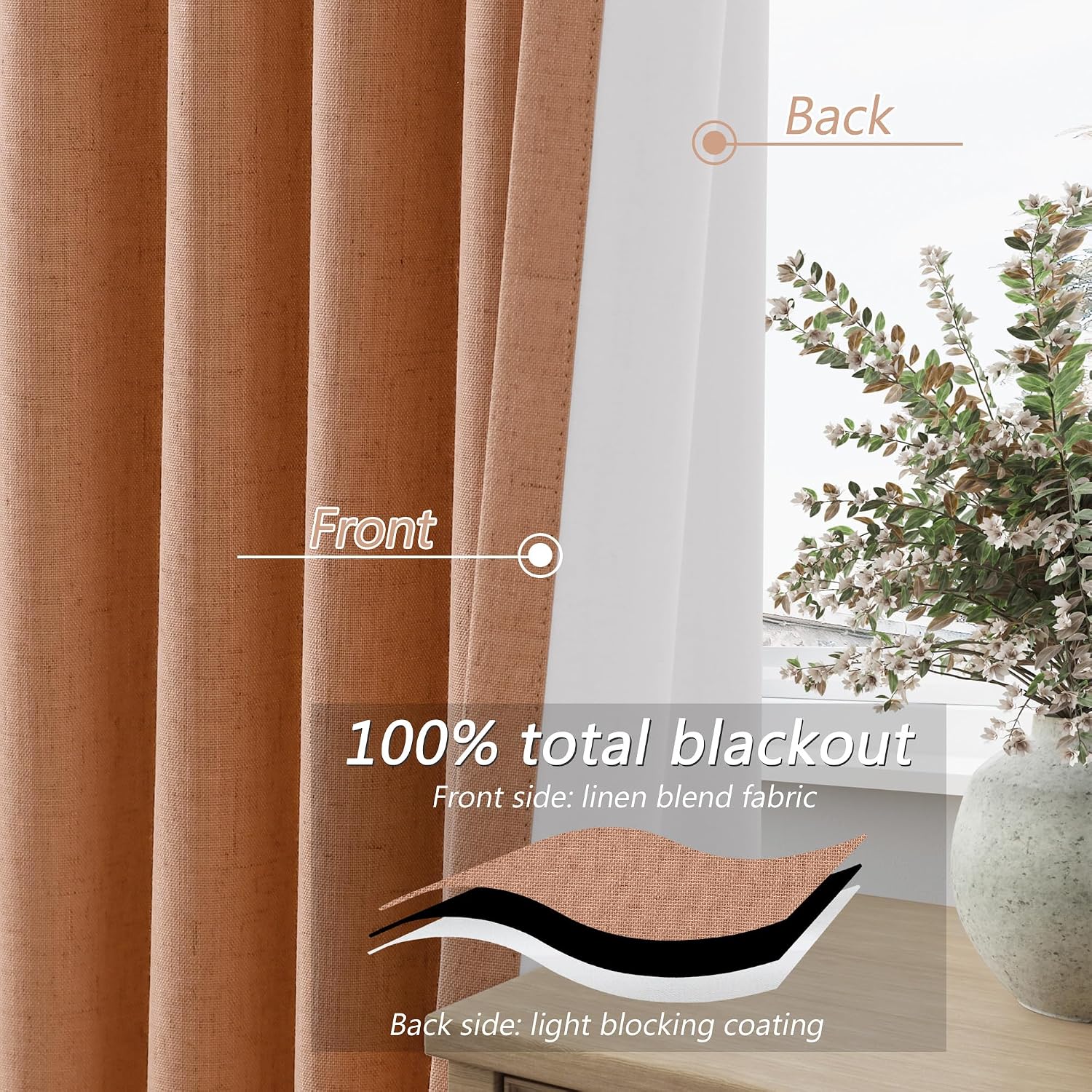 Guken Peach Quartz 100% Blackout Linen Curtains 108 Inch Length 2 Panels Set for Living Room Bedroom Back Tab/Rod Pocket Thermal Insulated…