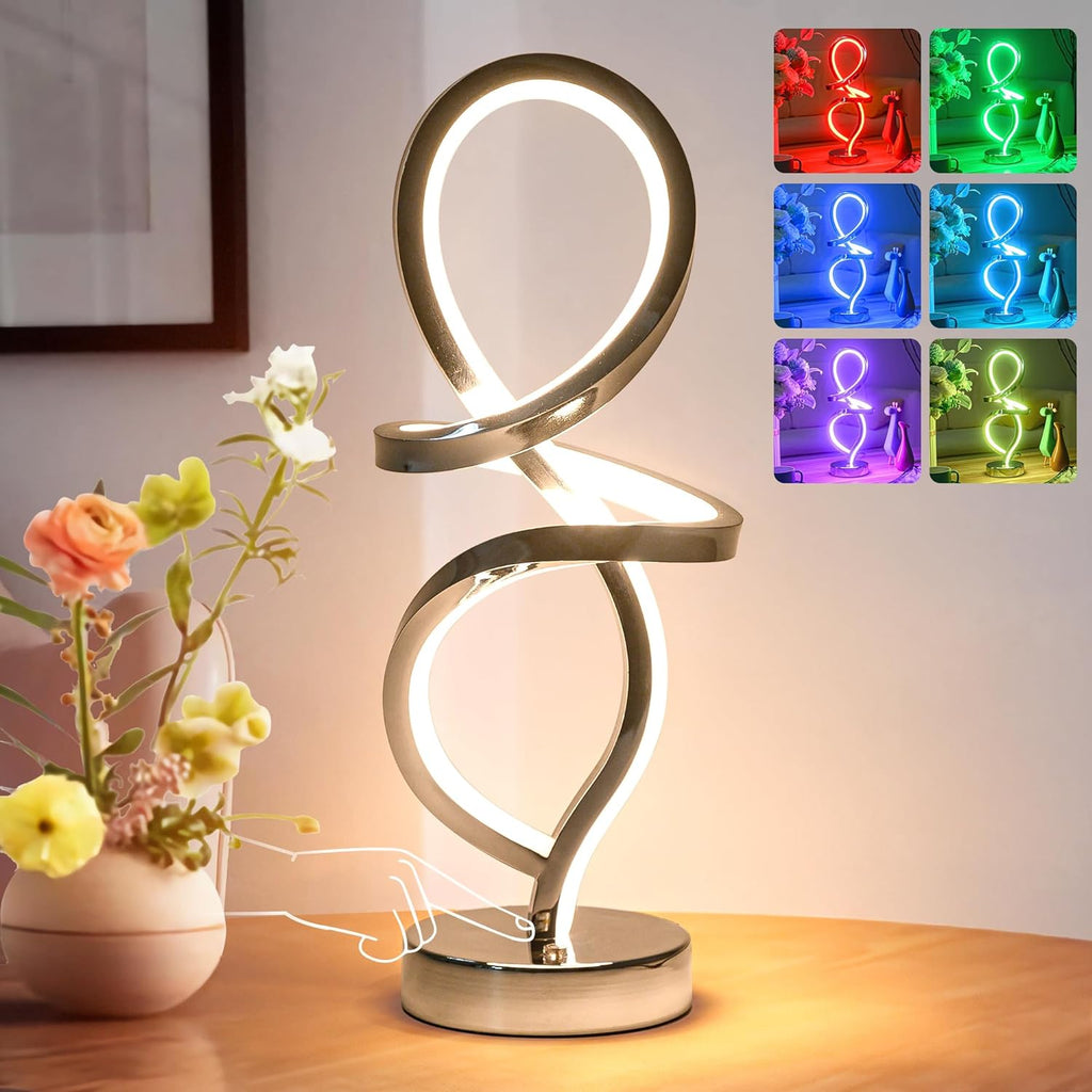 Mayful RGB Modern Table Lamp with 15W LED Unique Spiral Design, Silver Small Bedside Lamp & Nightstand Lamp, Touch Dimmable with 7 Colors…
