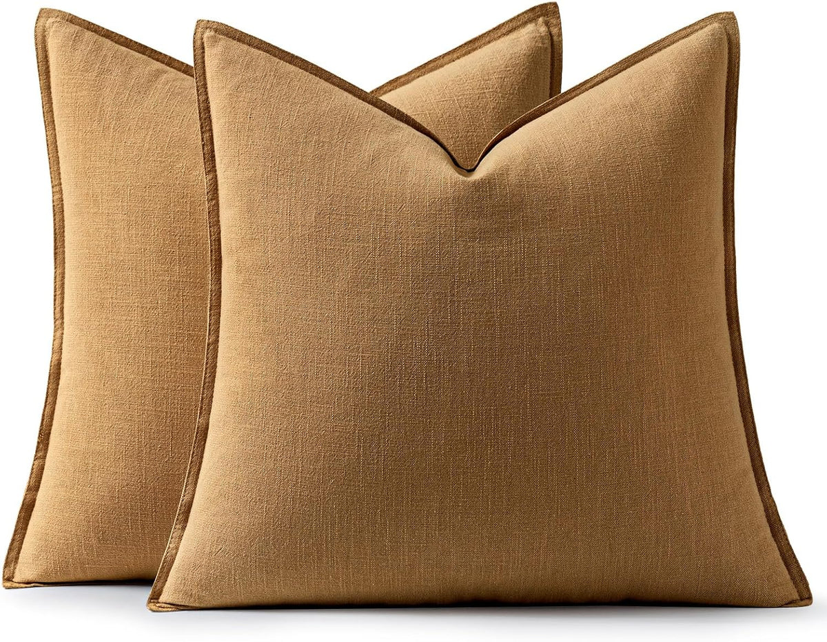 Anroduo Pack of 2 Decorative Linen Pillow Covers Camel Brown Neutral Farmhouse Boho Soild Cushion Case Soft Accent Pillowcase for Couch Sof…