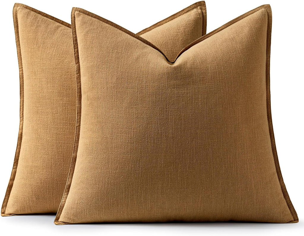Anroduo Pack of 2 Decorative Linen Pillow Covers Camel Brown Neutral Farmhouse Boho Soild Cushion Case Soft Accent Pillowcase for Couch Sof…