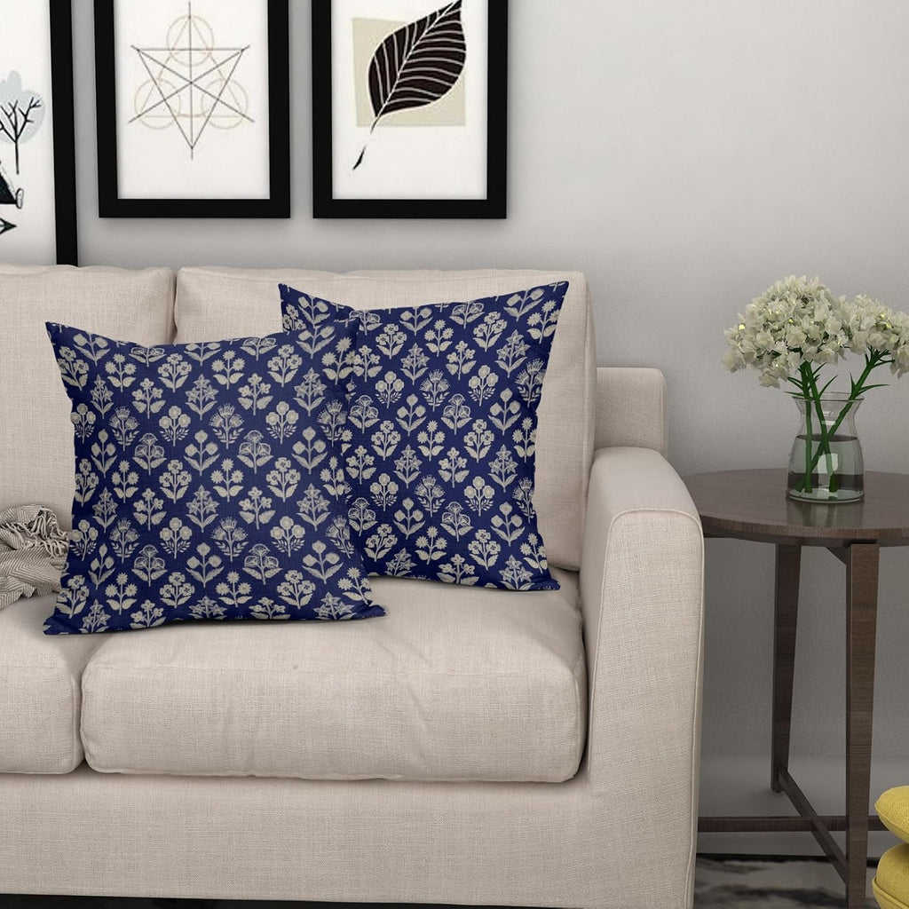 Navy Blue Floral Block Print Pillow Covers 18x18 Inch Set of 2, Vintage Flower Pattern Decorative Throw Pillowcases Outdoor Farmhouse…