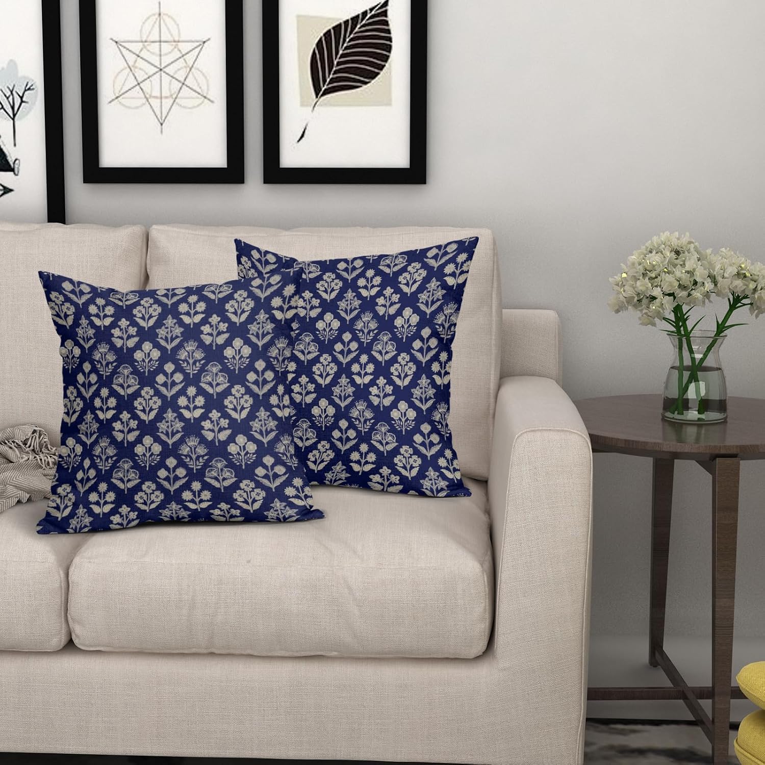 Navy Blue Floral Block Print Pillow Covers 18x18 Inch Set of 2, Vintage Flower Pattern Decorative Throw Pillowcases Outdoor Farmhouse…