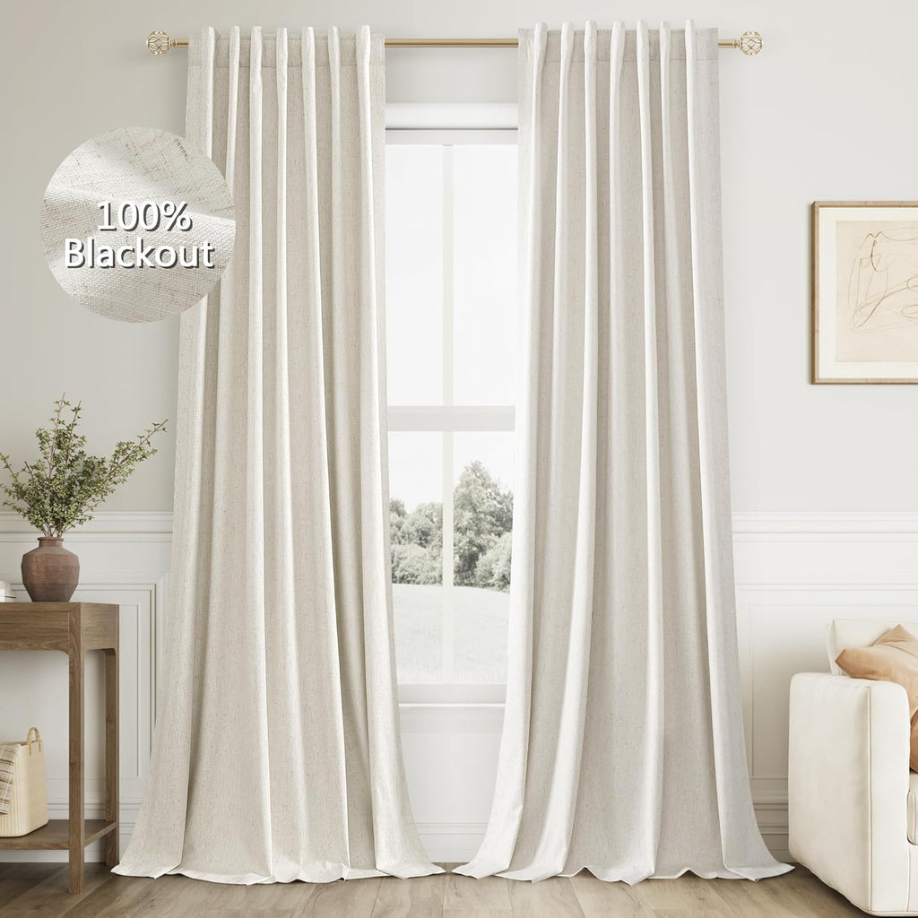 Guken Cream 100% Blackout Linen Curtains 96 Inch Length 2 Panels Set for Living Room Bedroom Back Tab Thermal Insulated Black Out Drapes Ro…
