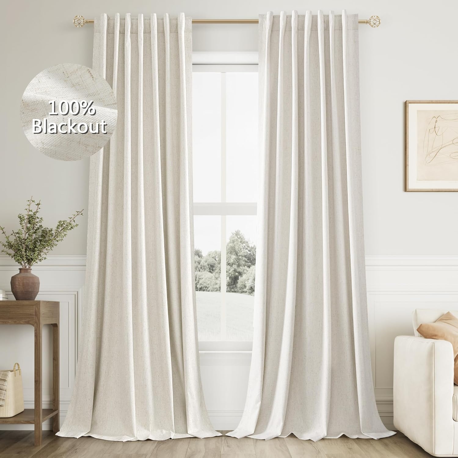 Guken Cream 100% Blackout Linen Curtains 96 Inch Length 2 Panels Set for Living Room Bedroom Back Tab Thermal Insulated Black Out Drapes Ro…