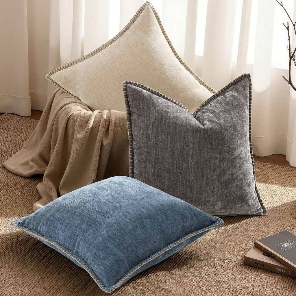 decorUhome Chenille Soft Throw Pillow Covers 24x24 Set of 2, Farmhouse Velvet Neutral Decorative Euro Sham Pillow Covers with Stitched Edge…