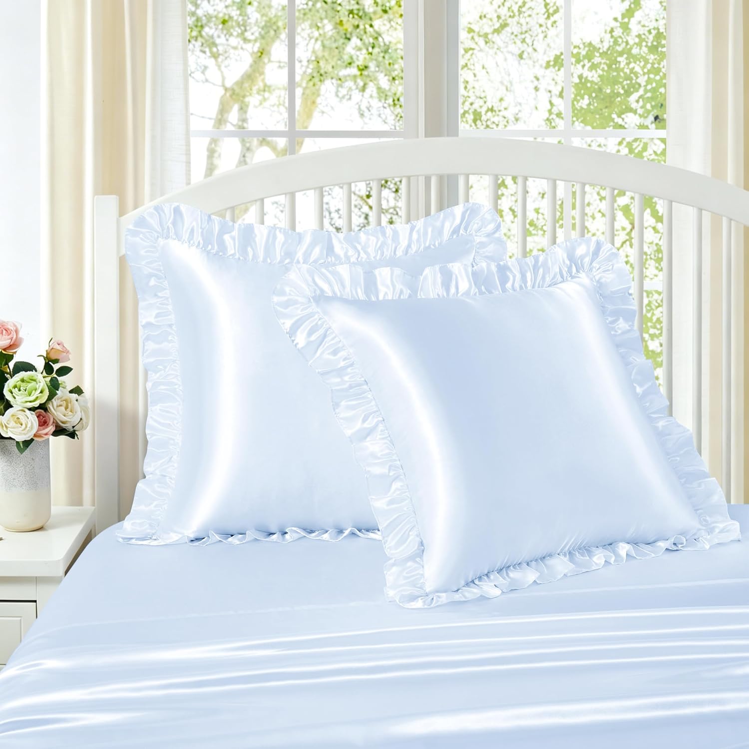 Homiest Ruffle Euro Sham Covers 26x26 Inch Set of 2, Baby Blue Satin Pillow Shams with 3 Inch Wide Decorative Ruffled, European Square…
