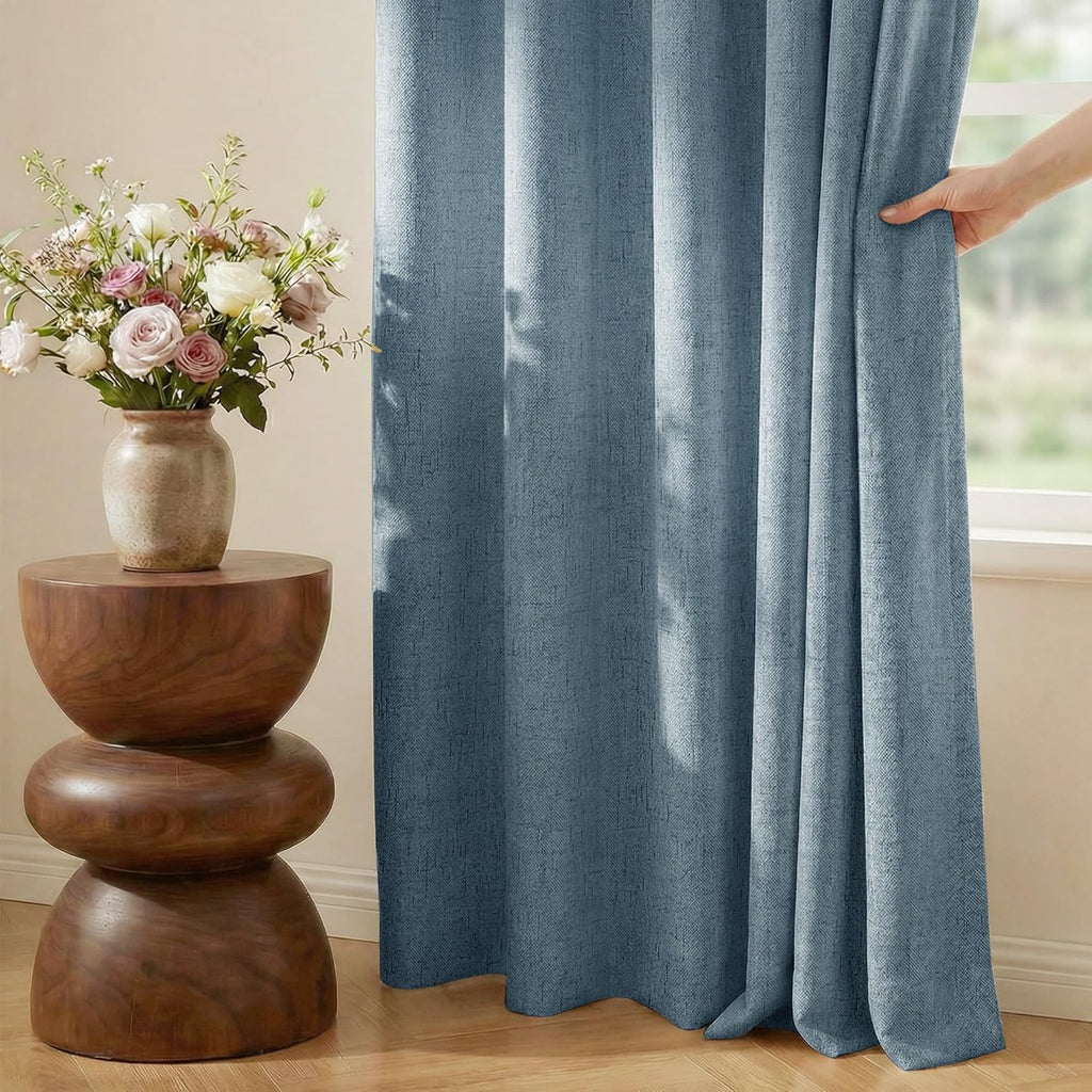 Nicetown Linen 100% Blackout Stone Blue Curtains for Bedroom White Liner Composite, Grommet Thermal Drapes Home Decor Window Treatments for…
