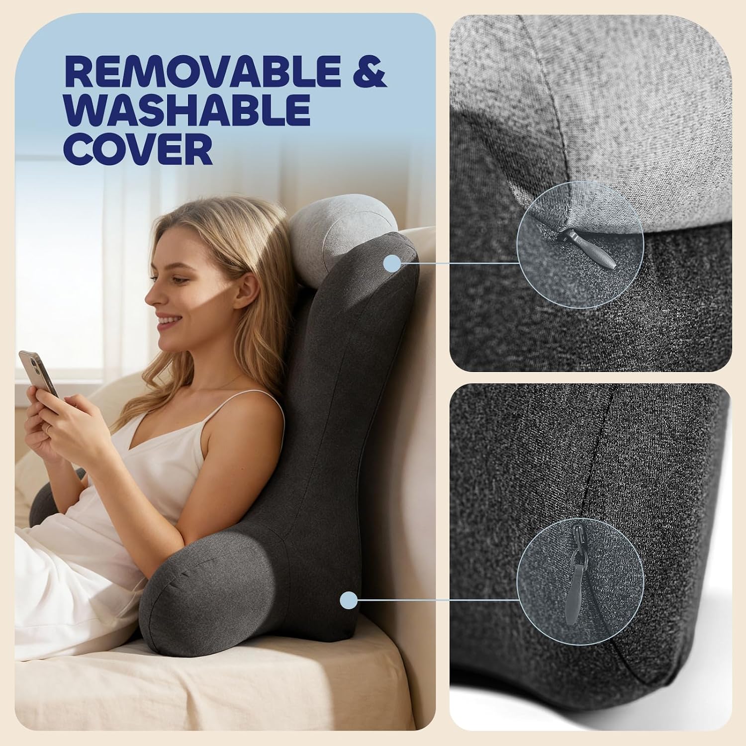 COZYFUZY Reading Pillow for Floor & Bed Use - 22" Ergonomic Backrest with Built-in Neck Support and Contoured Arms, Memory Foam Sitt…