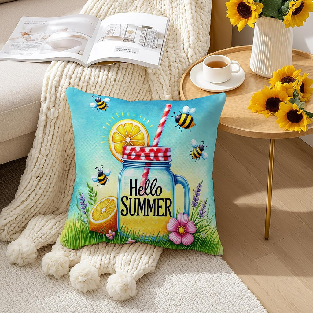 BlissYard Hello Summer Lemon Throw Pillow Covers 18x18 Set of 2 Decorative Pillow Covers Bee Lemonade Summer Cushion Covers Farmhouse…