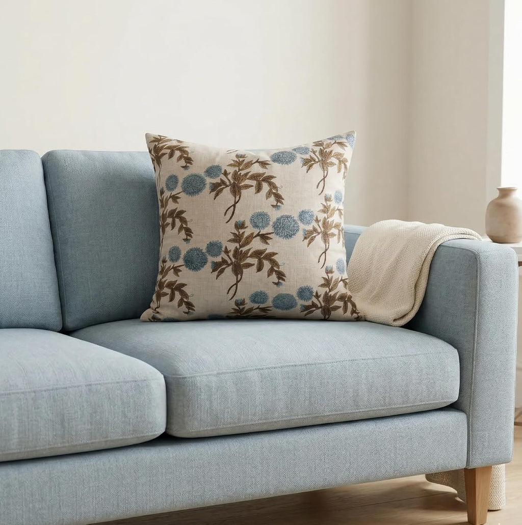 LineandLoop Linen Blue Throw Pillow Covers 18x18 inch Floral Pillows Spring Decorative Pillow Covers for Living Room Bedroom 2 inches cotto…