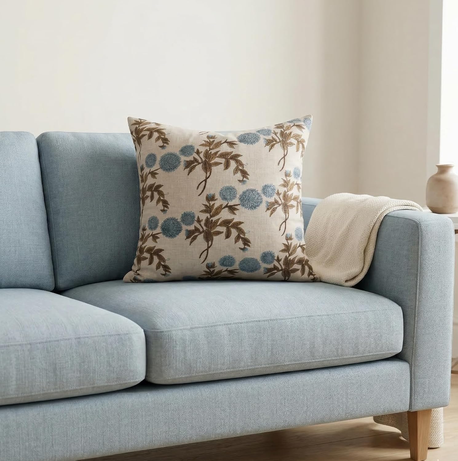 LineandLoop Linen Blue Throw Pillow Covers 18x18 inch Floral Pillows Spring Decorative Pillow Covers for Living Room Bedroom 2 inches cotto…