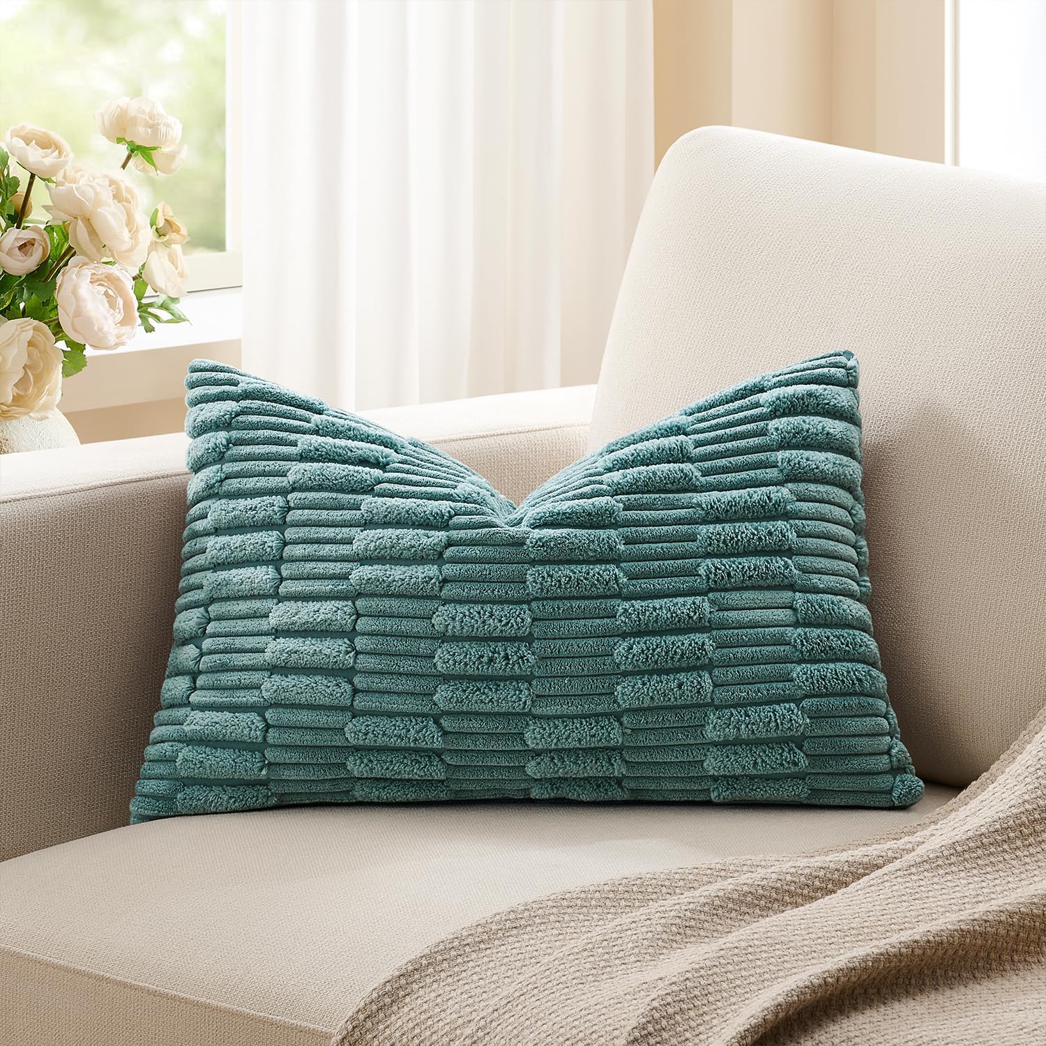 KevinTextile Kevin Textile 14x20 Inch Lumbar Pillow Cover 1 Pack Soft Plush Stripe Decorative Rectangle Cushion Elegant Double-Sided Cordur…