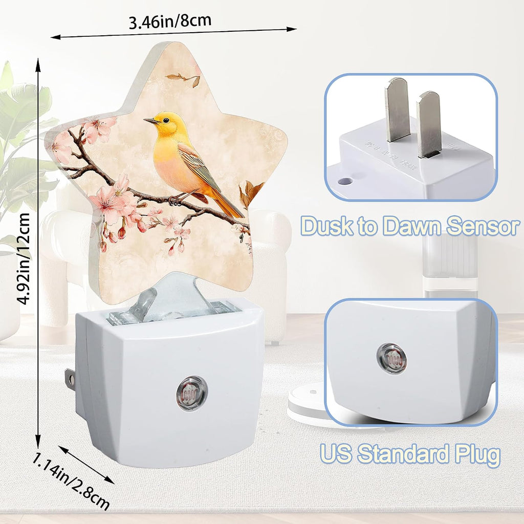 Snowmolle Bird Vintage Nightlight, Pink Cherry Blossoms Star Night Lights Plug into Wall Decorations for Bedroom Bathroom, Dusk to Dawn Senso…