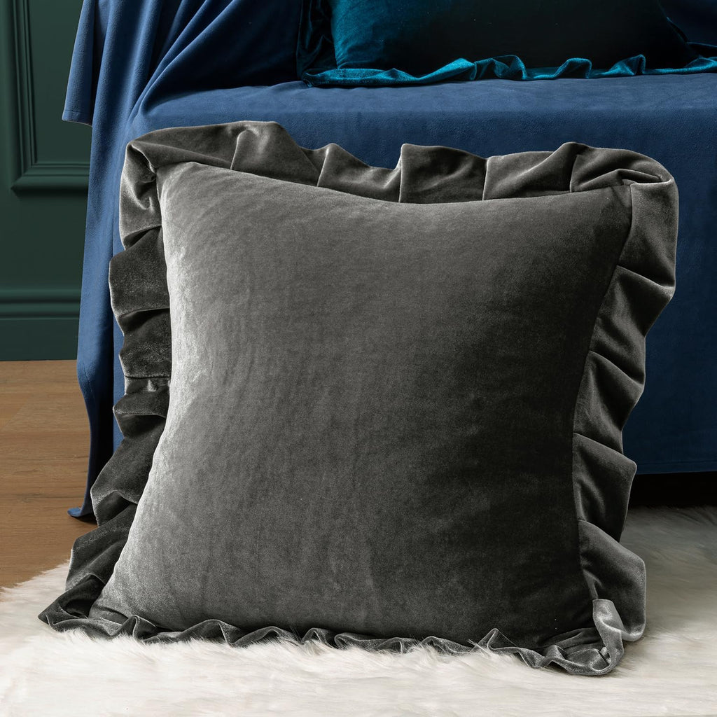MIULEE Velvet Ruffle Throw Pillow Covers Soft Luxurious Silver Gray Pack of 2 18x18 Inch Square Cushions Vintage Gothic Decorative…