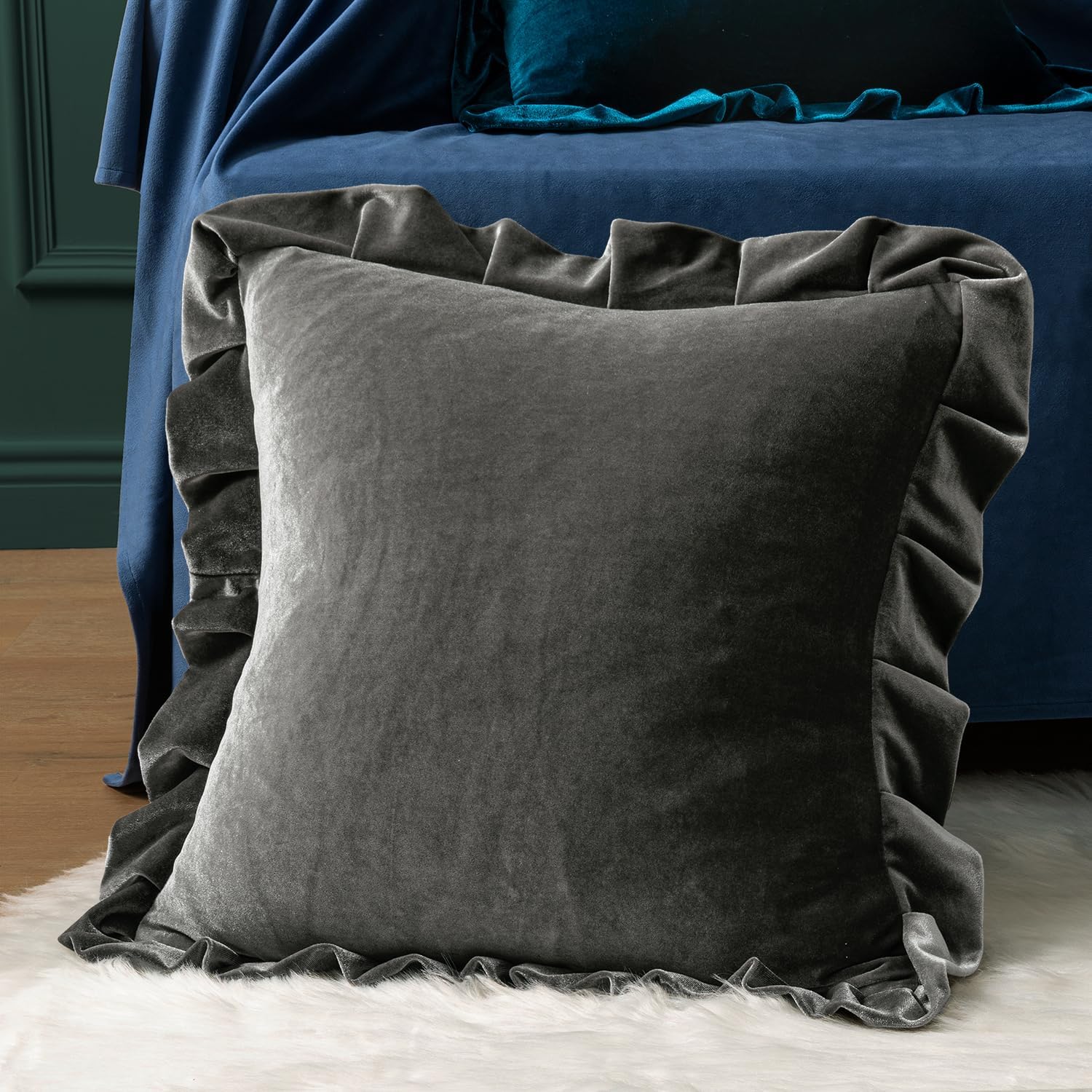MIULEE Velvet Ruffle Throw Pillow Covers Soft Luxurious Silver Gray Pack of 2 18x18 Inch Square Cushions Vintage Gothic Decorative…