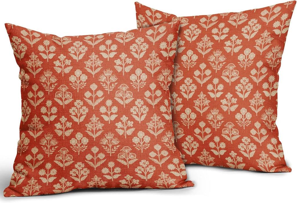 Dark Orange Floral Pillow Covers 22x22 Inch Set of 2, Vintage Flower Block Print Pattern Decorative Throw Pillowcases Outdoor Farmhouse…