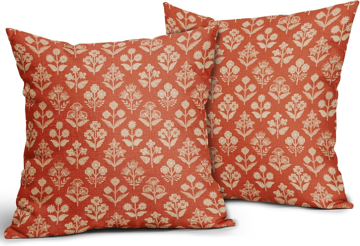 Dark Orange Floral Block Print Pillow Covers 18x18 Inch Set of 2, Vintage Flower Pattern Decorative Throw Pillowcases Outdoor Farmhouse…