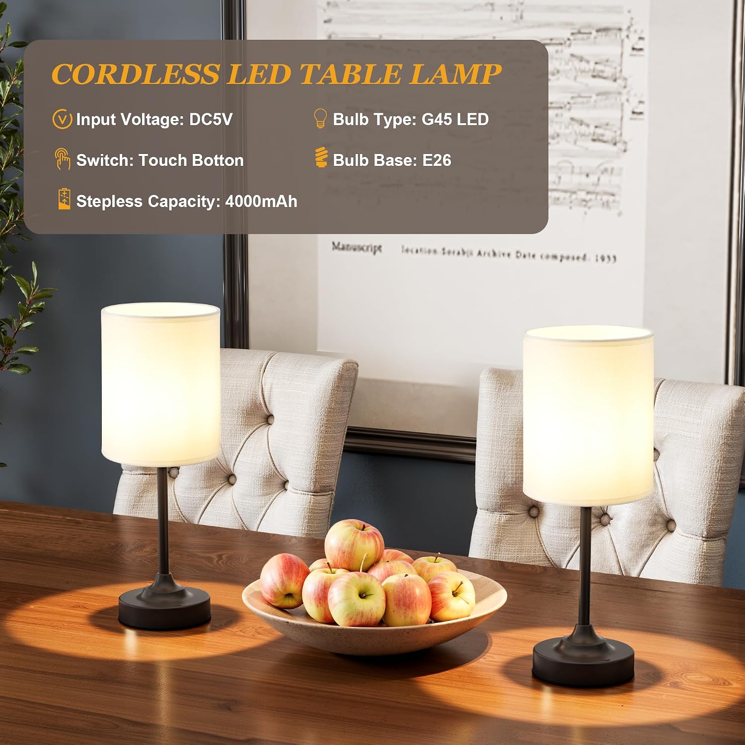 Touch Control Cordlss Table Lamp, USB-C Rechargeable Lamp with Stepless Dimming, 4000mAh Battery Operated Bedside Lamp for Bedroom…