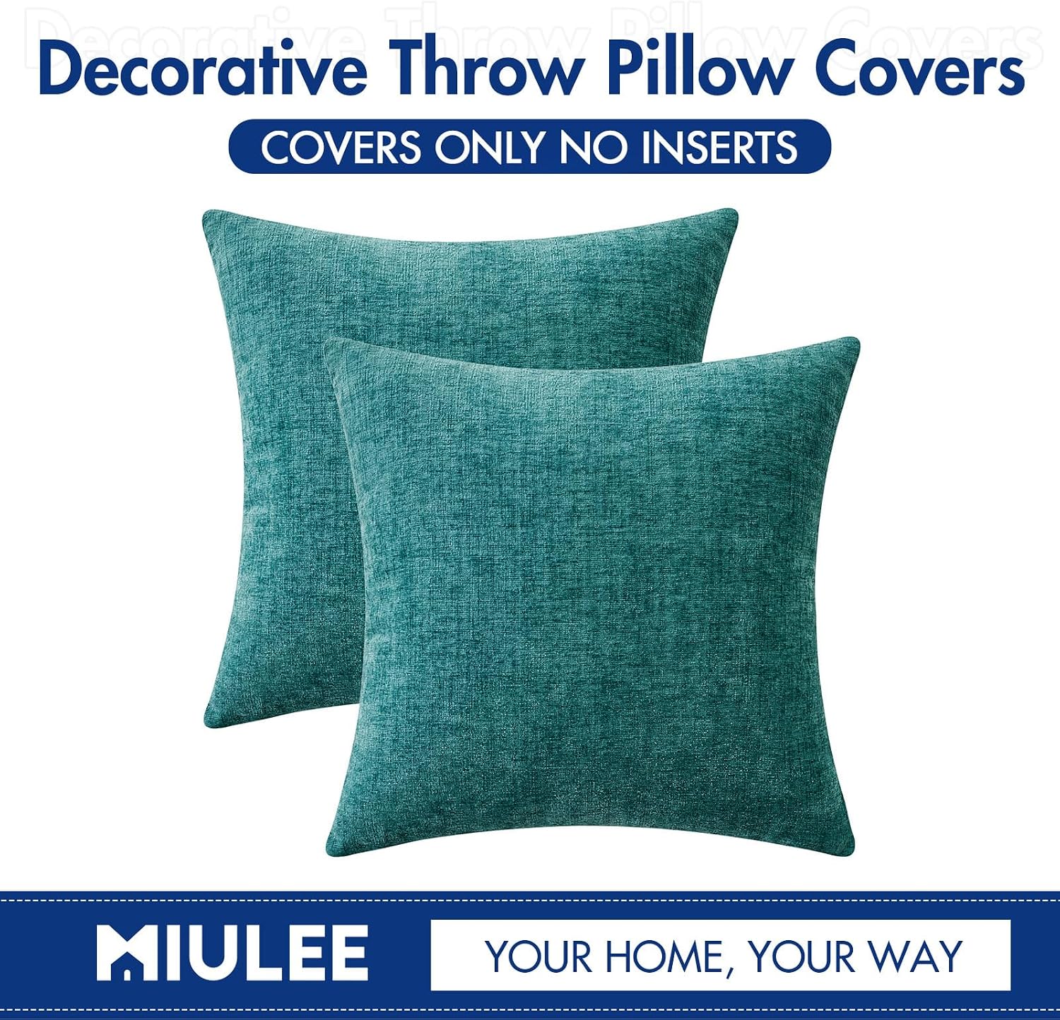 Miulee Pack of 2 Couch Throw Pillow Covers 26x26 Inch Soft Teal Chenille Pillow Covers for Sofa Living Room Solid Dyed Pillow Cases