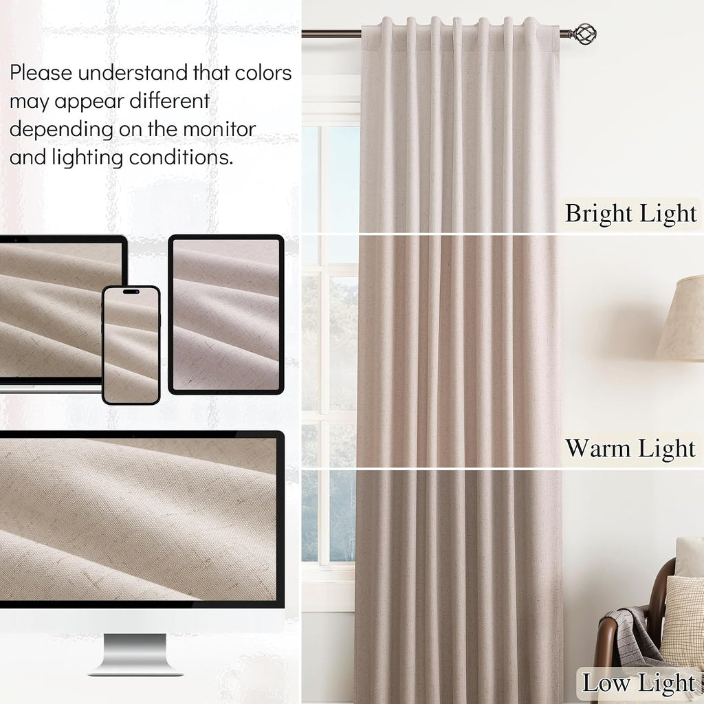 Guken Champagne Linen 100% Blackout Curtains 102 Inches Long Modern Black Out Light Blocking Noise Cancelling Back Tab Hook Belt Curtain fo…
