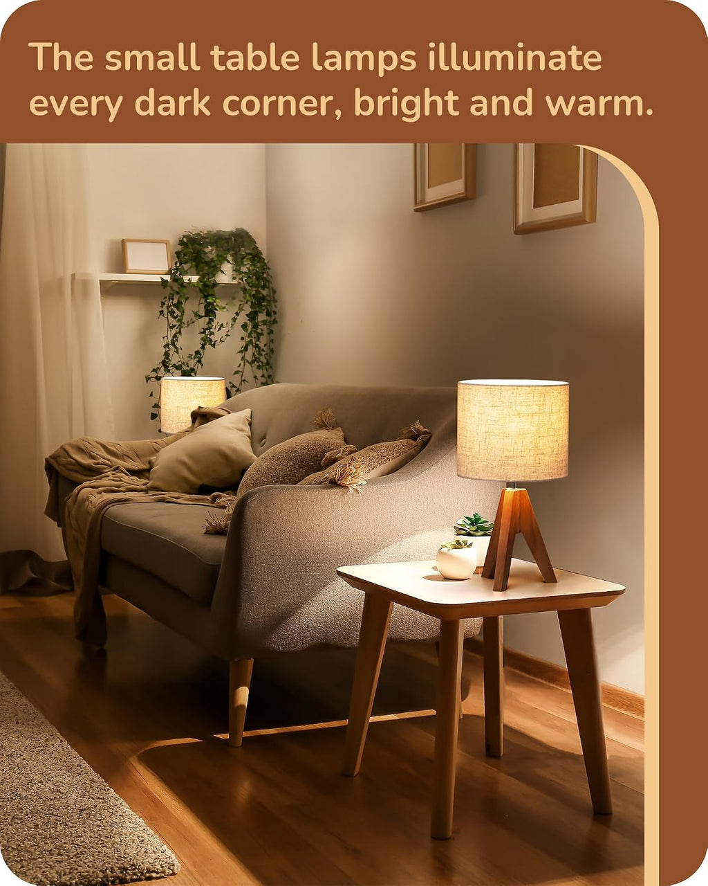 EDISHINE Small Table Lamp, Wooden Tripod Bedside Lamp with Linen Fabric Lampshade, 14.2" Nightstand Lamp for Bedroom, Living Room…