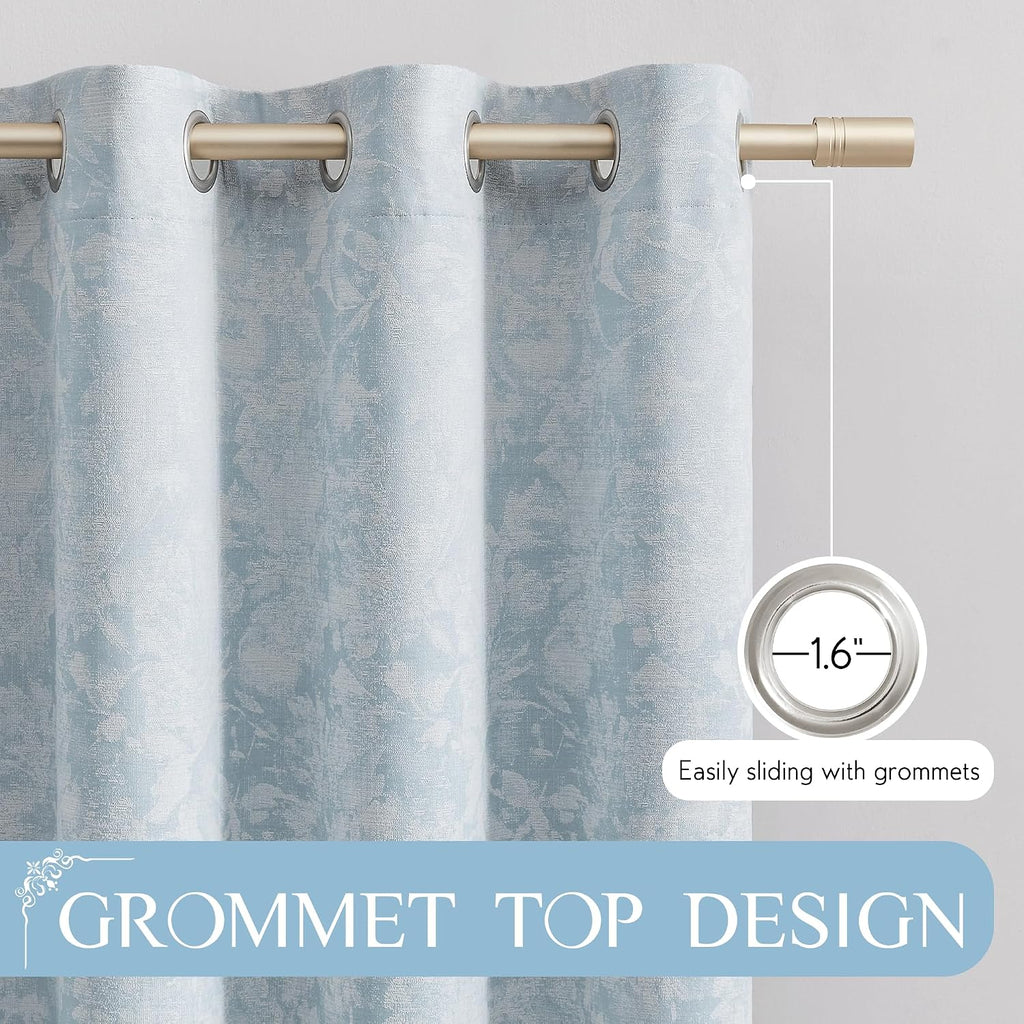 Beauoop Blue Floral Jacquard Blackout Curtains 84 Inches Long for Patio Sliding Door Extra Wide Chenille Flower Divider Room Darkening…