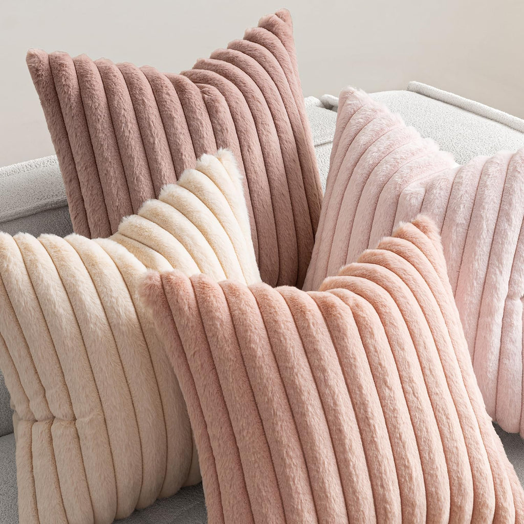 Miulee Faux Fur Plush Decorative Throw Pillow Covers 18x18 Set of 4, Valentine's Day Cute Modern Soft Romantic Fuzzy Striped Cushion Covers…
