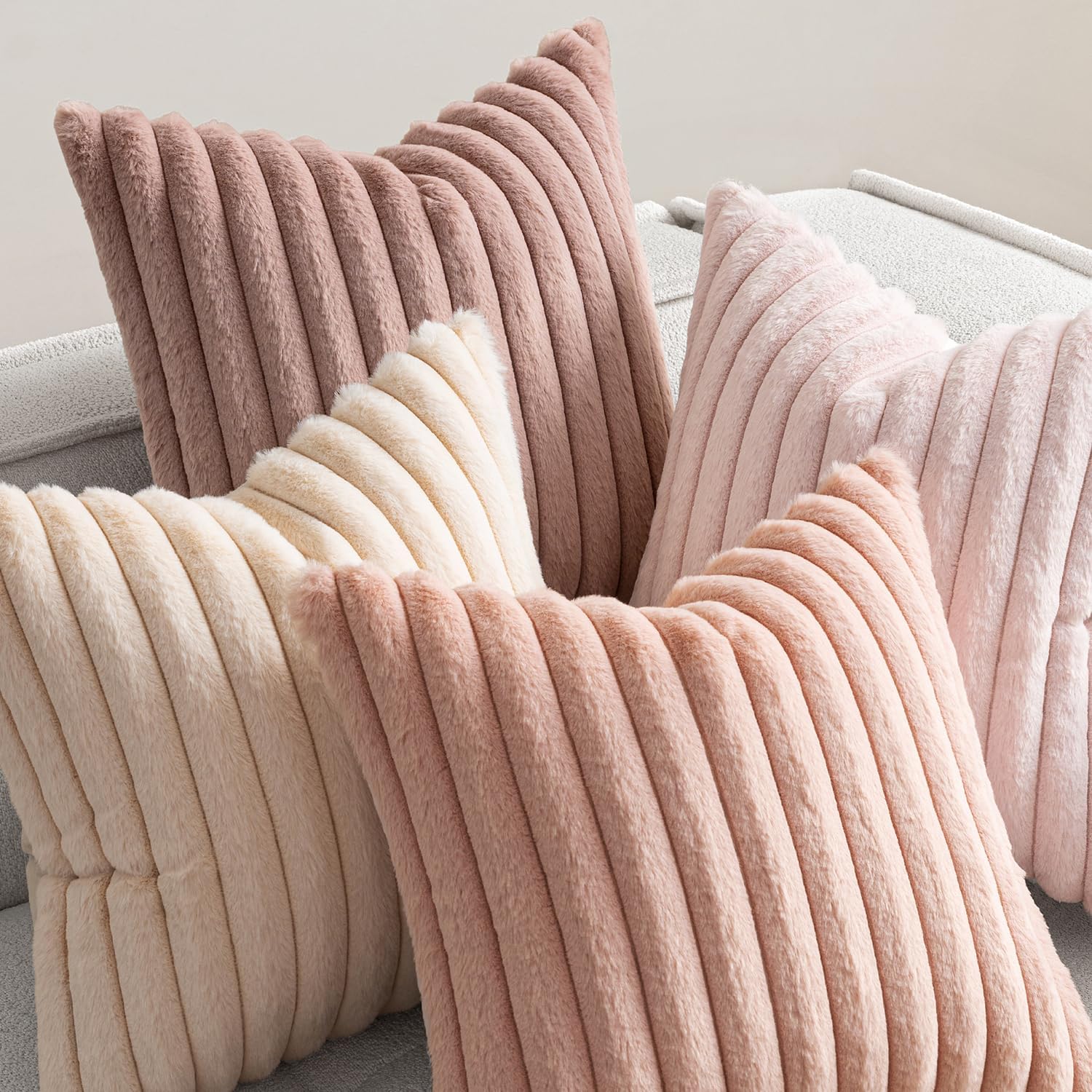 Miulee Faux Fur Plush Decorative Throw Pillow Covers 18x18 Set of 4, Valentine's Day Cute Modern Soft Romantic Fuzzy Striped Cushion Covers…