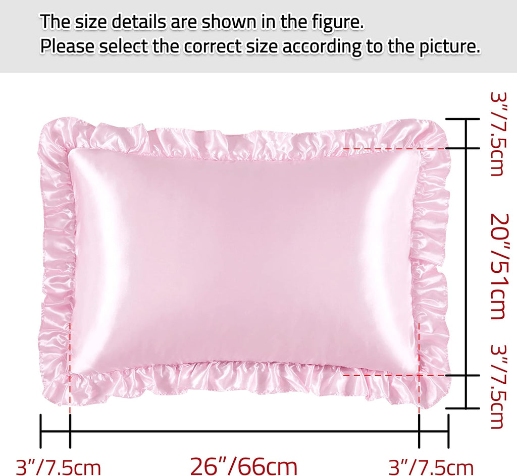 HommxJF Silky Satin Ruffled Pillow Cases for Hair and Skin, Pink Silk Pillowcases Standard Set of 2 with Envelope Closure Princess Room Deco…