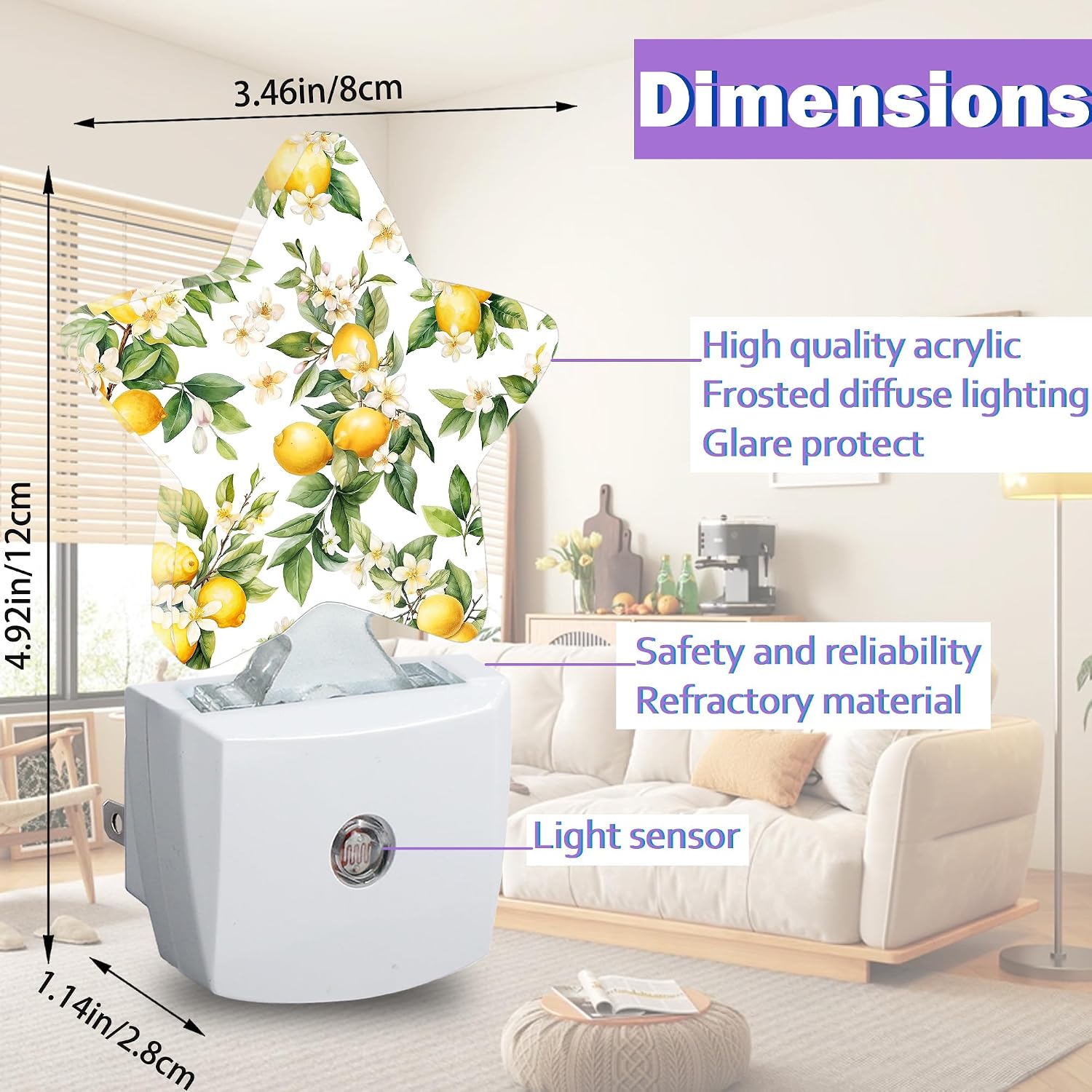 Night Lights Plug Into Wall Decorative, Lemon Fruit Nightlights for Kids Bedroom, White Flowers Energy Efficient Dusk-to-Dawn Sensor Sleep…