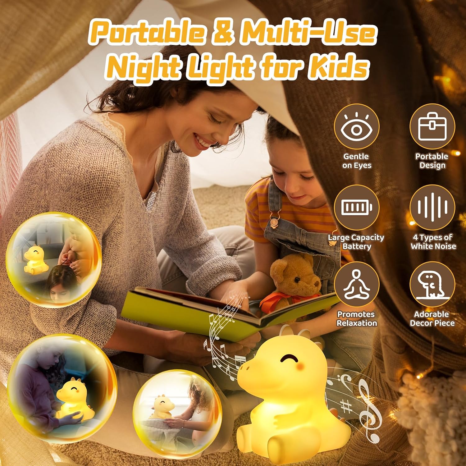 Mewaii Huggwaii Squishy Dinosaur Night Light for Kids, 4 White Noise Dimmable Silicone Kids Night Light, Long Battery Life Rechargeable Din…