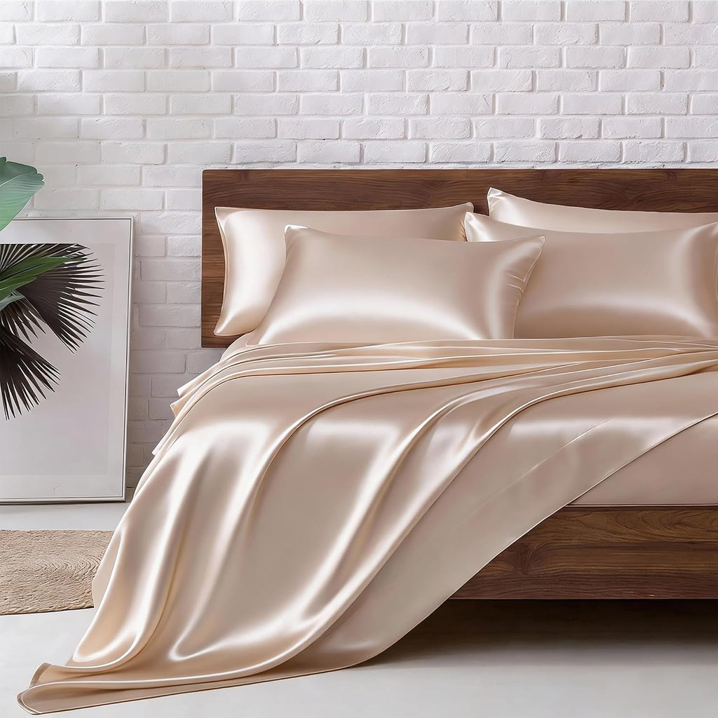 MR&HM Satin Bed Sheets, Queen Size Sheets Set, 6 Pcs Silky Bedding Set with 15 Inches Deep Pocket for Mattress(Queen, Taupe) 6 Pcs 15…