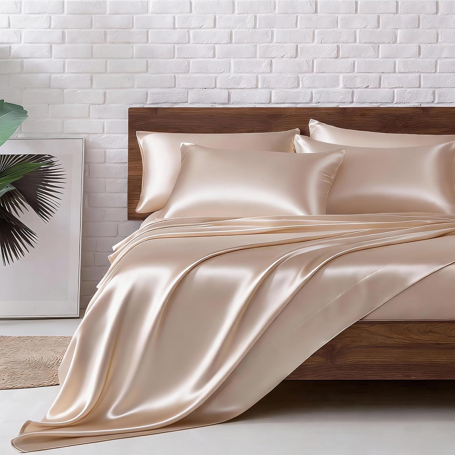 MR&HM Satin Bed Sheets, Queen Size Sheets Set, 6 Pcs Silky Bedding Set with 15 Inches Deep Pocket for Mattress(Queen, Taupe) 6 Pcs 15…