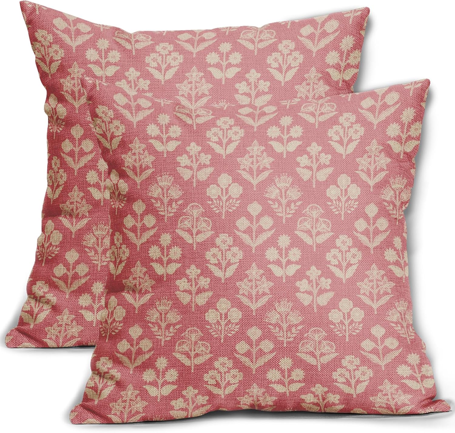 Pink Floral Block Print Pillow Covers 20x20 Inch Set of 2, Vintage Flower Pattern Decorative Throw Pillowcases Outdoor Farmhouse Cushion…